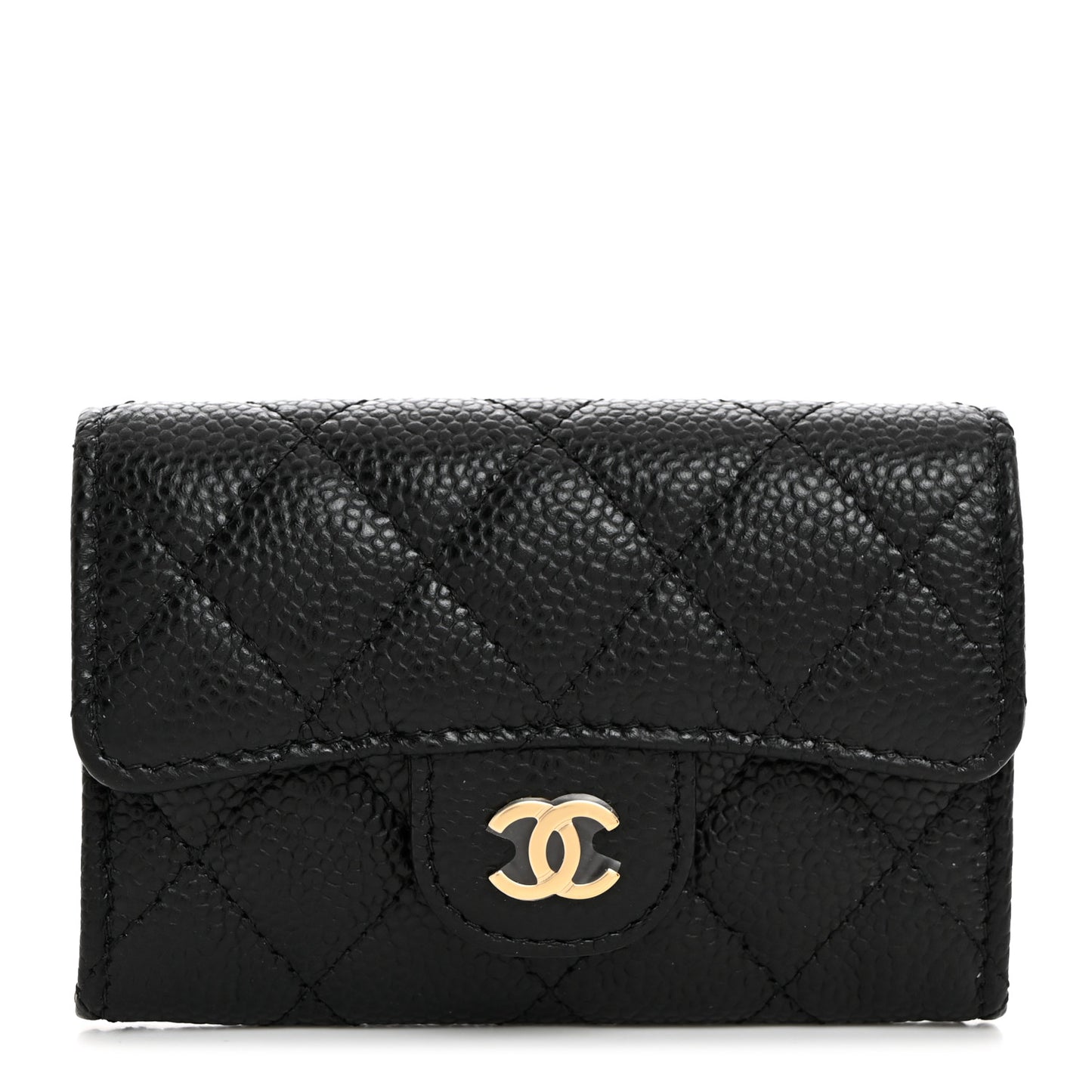 Caviar Quilted Flap Card Holder Wallet Black