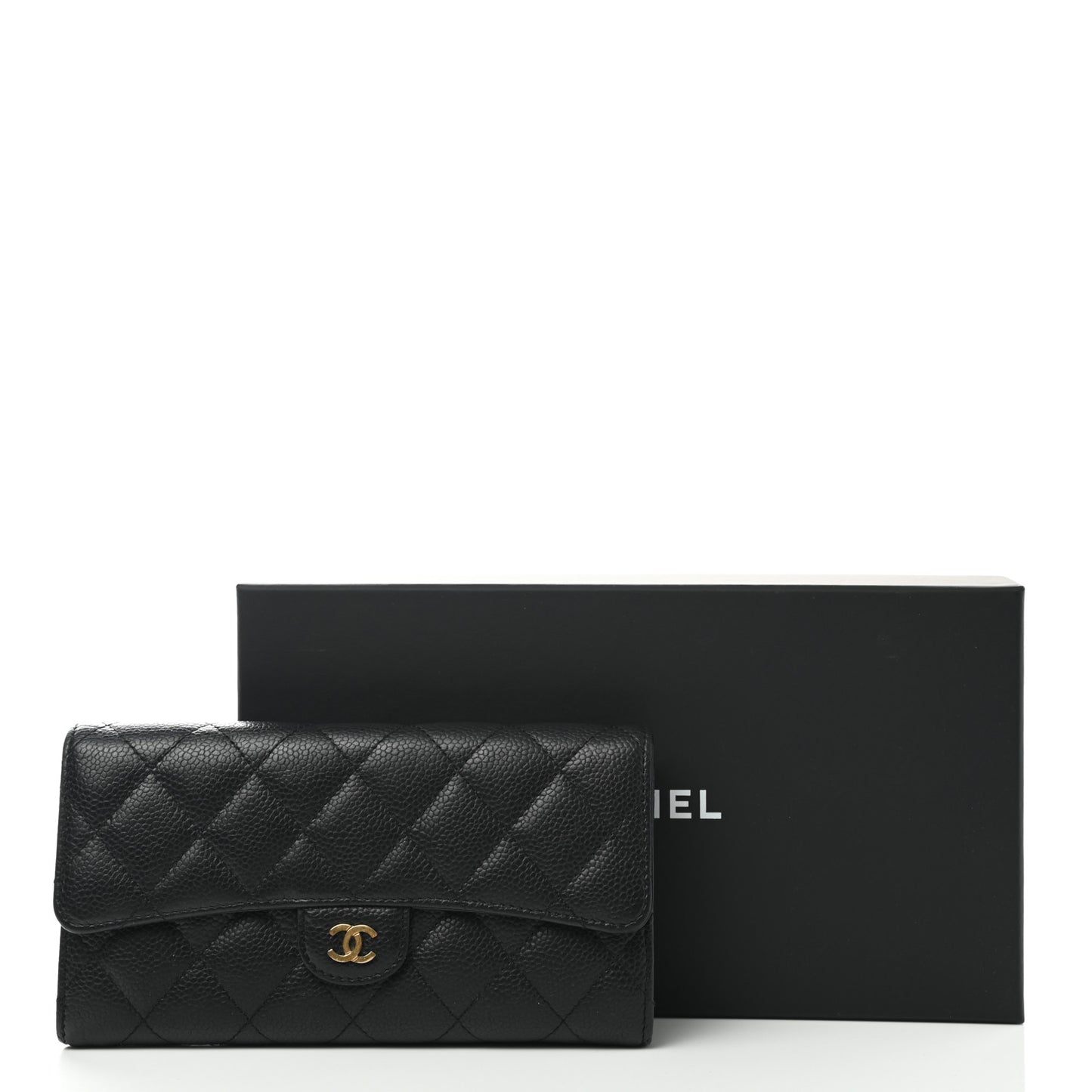 Caviar Quilted Large Gusset Flap Wallet Black