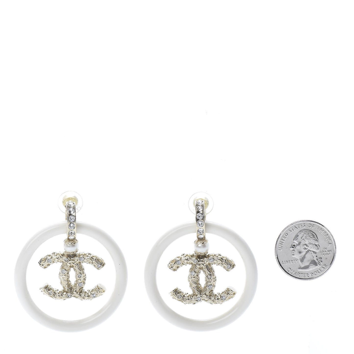 Resin Crystal Pearl CC Drop Earrings White Gold