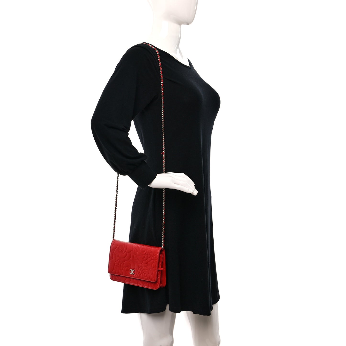 Lambskin Camellia Embossed Wallet on Chain WOC Red