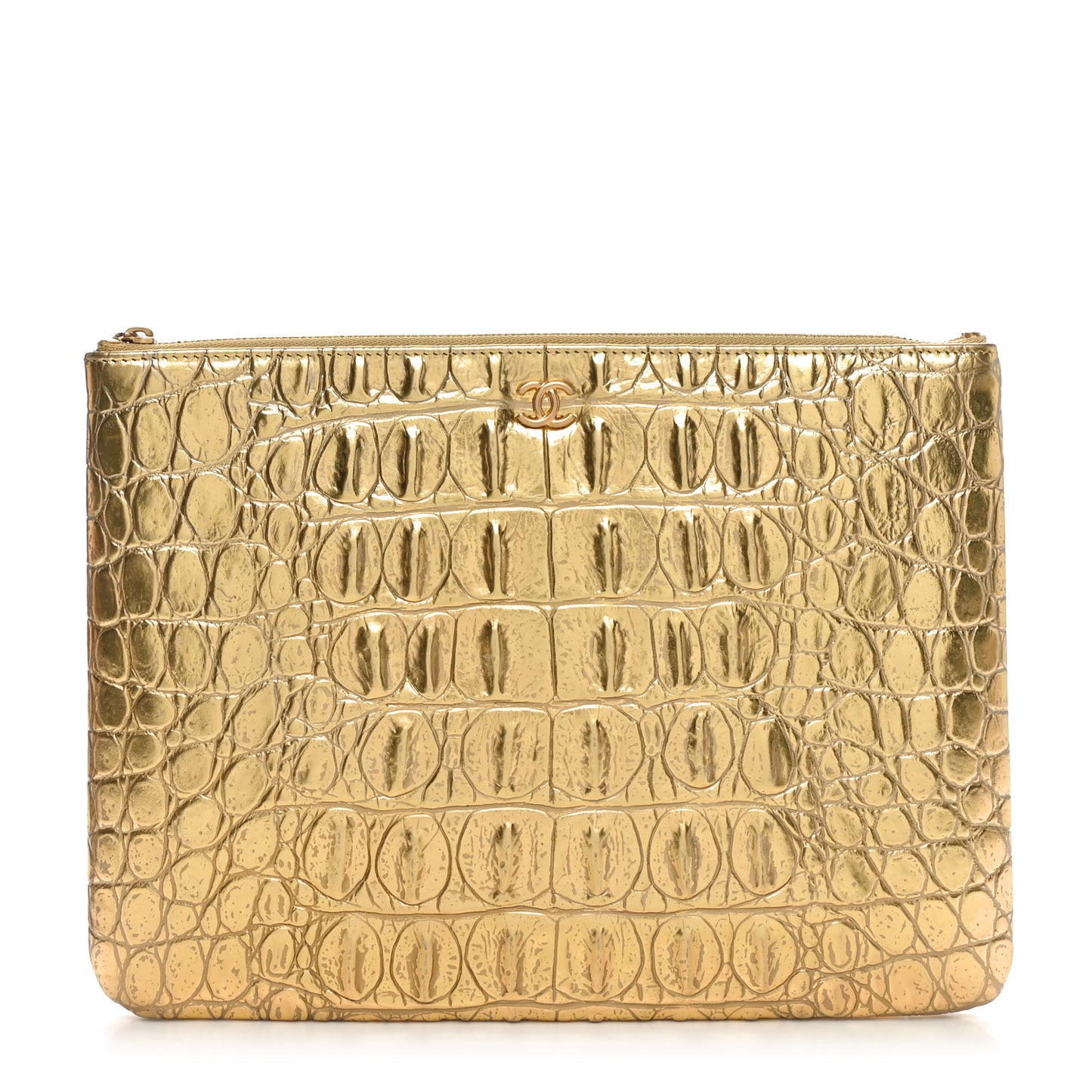 Metallic Crocodile Calfskin Embossed Medium Cocodile Cosmetic Case Gold