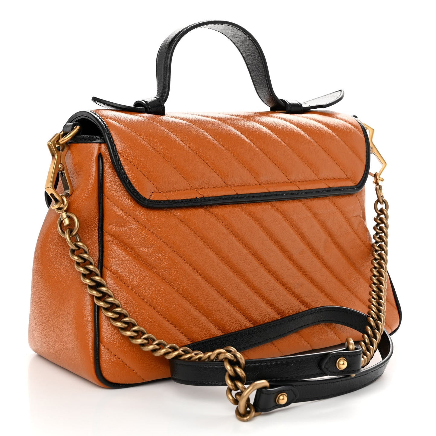 Azalea Calfskin Matelasse Diagonal Small Torchon GG Marmont Top Handle Shoulder Bag Cognac Black