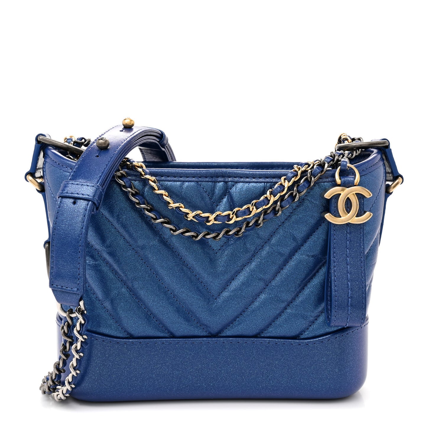 Metallic Calfskin Chevron Quilted Small Gabrielle Hobo Blue