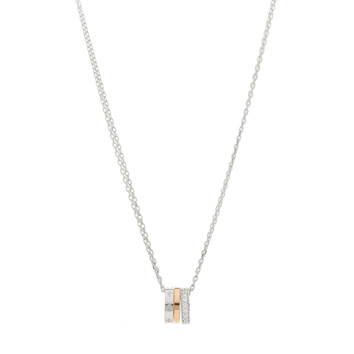 18K White Pink Gold Diamond Three Ring LOVE Necklace