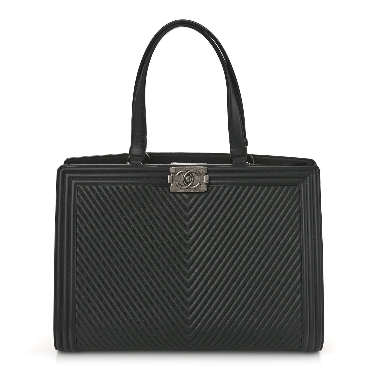 Calfskin Chevron Quilted Boy Shopping Tote Grey