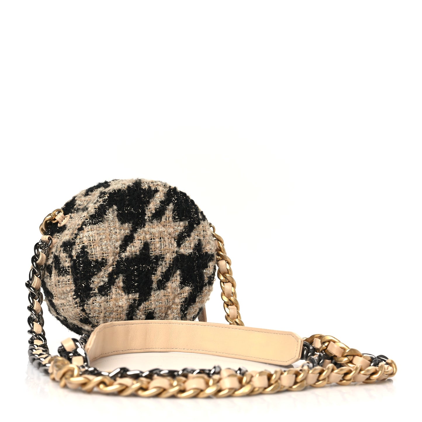 Wool Tweed Lambskin Quilted Chanel 19 Round Clutch With Chain and Coin Purse Beige Black
