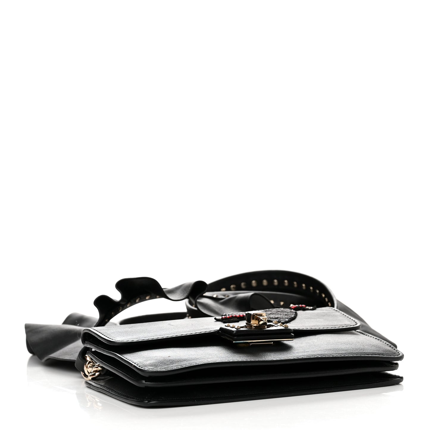 Calfskin Crystal Bead Embellished Mini Rockstud Love Story Ruffle Strap Bag Black