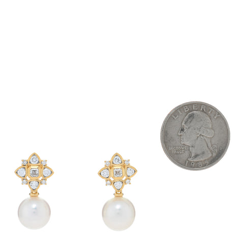 18K Yellow Gold Diamond South Sea Pearl Renaissance Trillion Drop Earrings