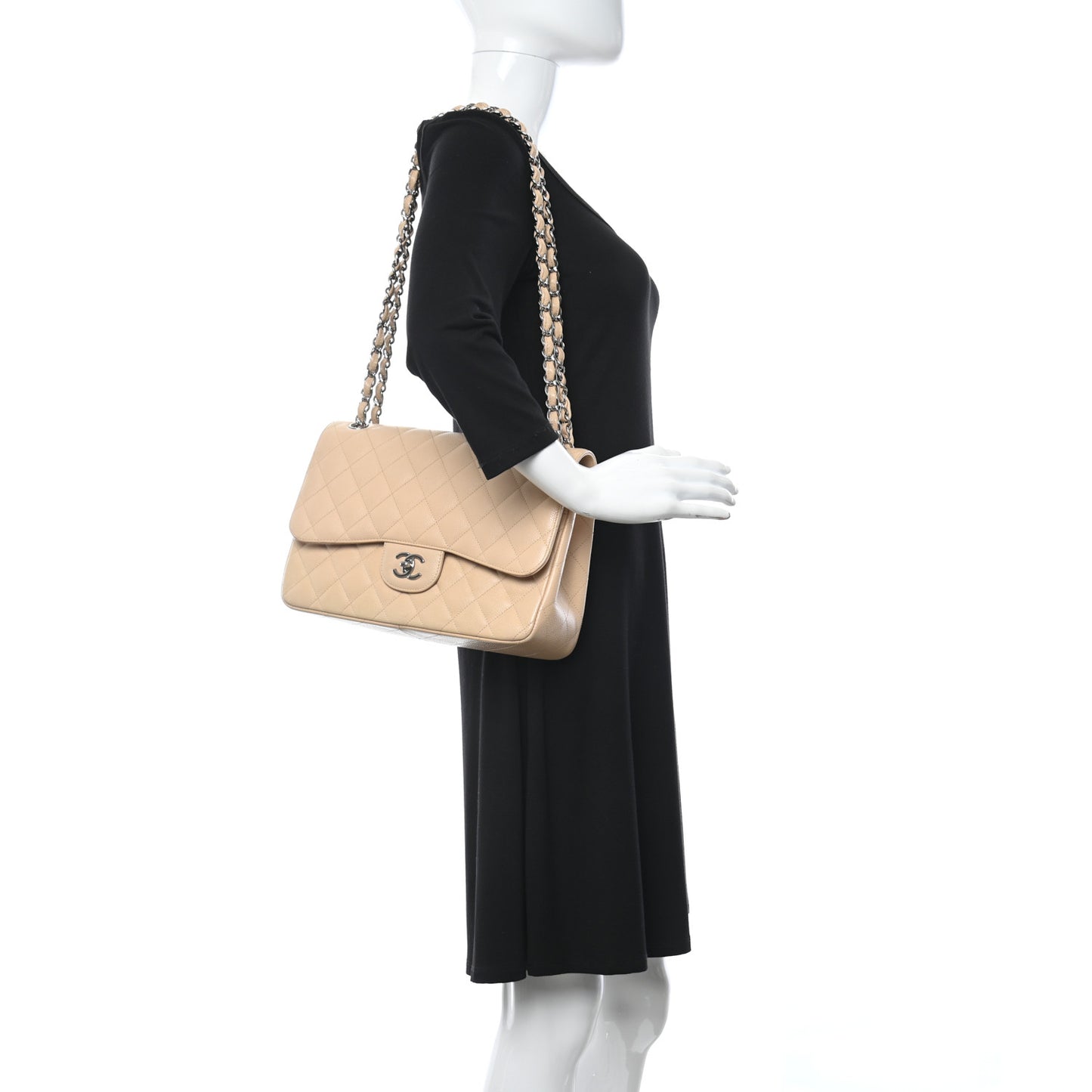 Caviar Quilted Jumbo Double Flap Light Beige