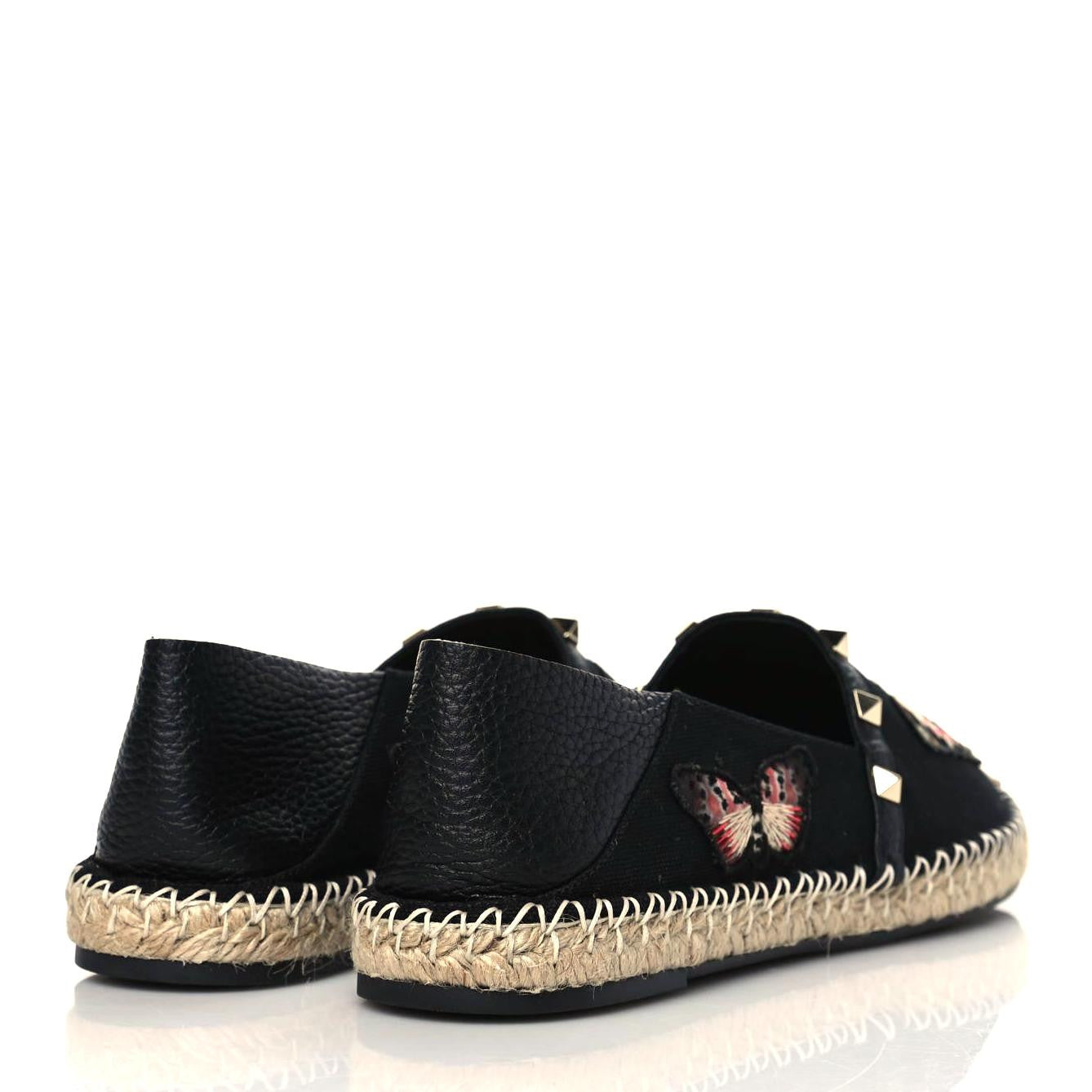 Denim Butterfly Embroidered Rockstud Espadrille Flats 41 Black Multicolor