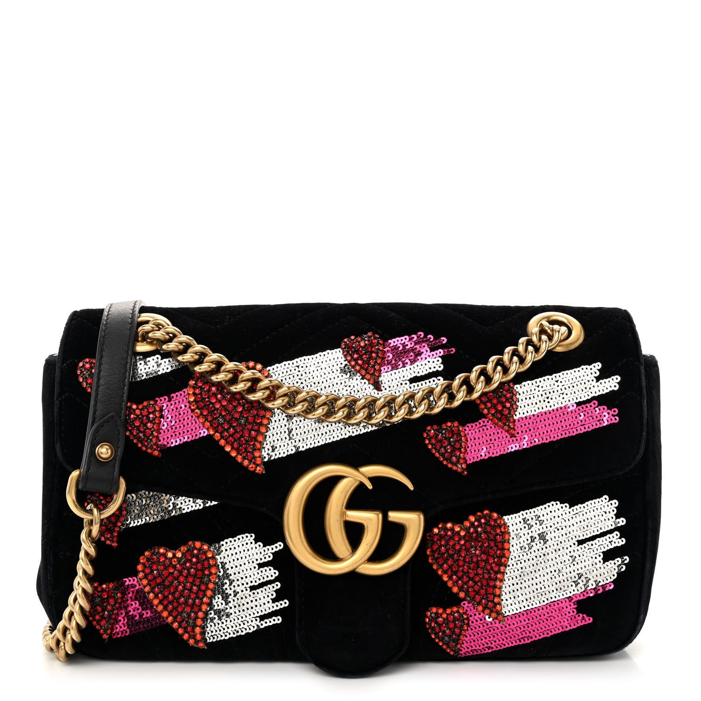 Velvet Matelasse Crystal Sequin Heart Embroidered GG Marmont Small Bag Black