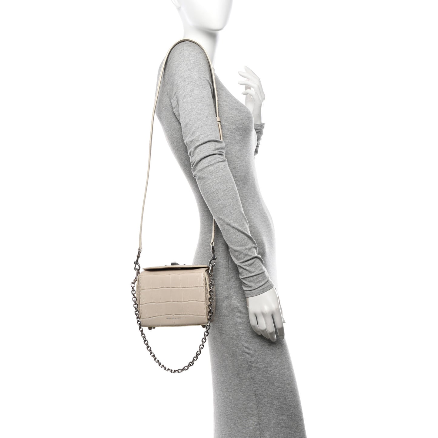 Calfskin Crocodile Embossed Box Shoulder Bag 16 White Bone