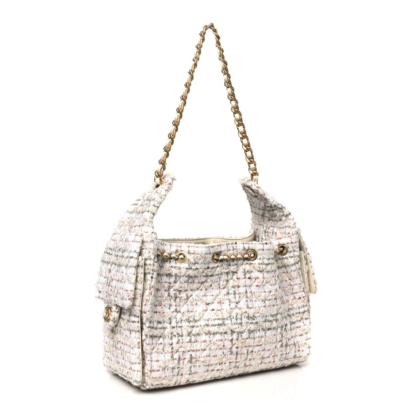 Tweed Quilted Small Chanel 25 Handbag Ecru Khaki Gold Red