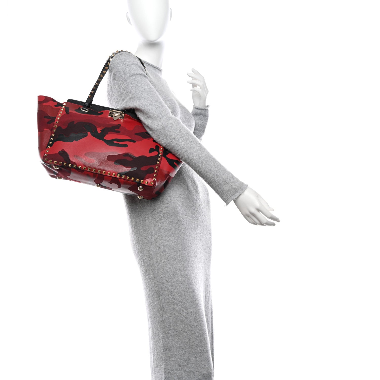 Valentino Garavani Nappa Canvas Camouflage Medium Rockstud Tote Red 2 of 9