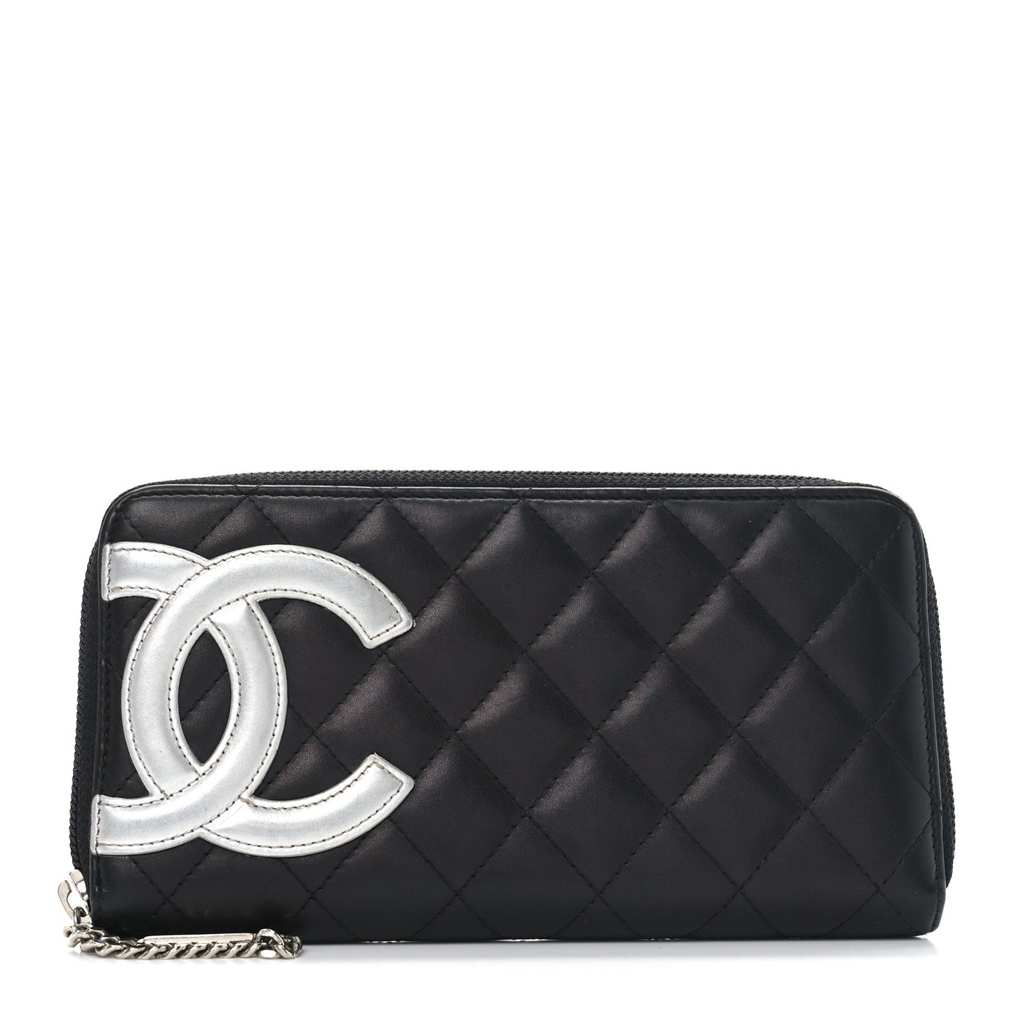 Calfskin Quilted Cambon Large Gusset Zip Around Wallet Black Silver