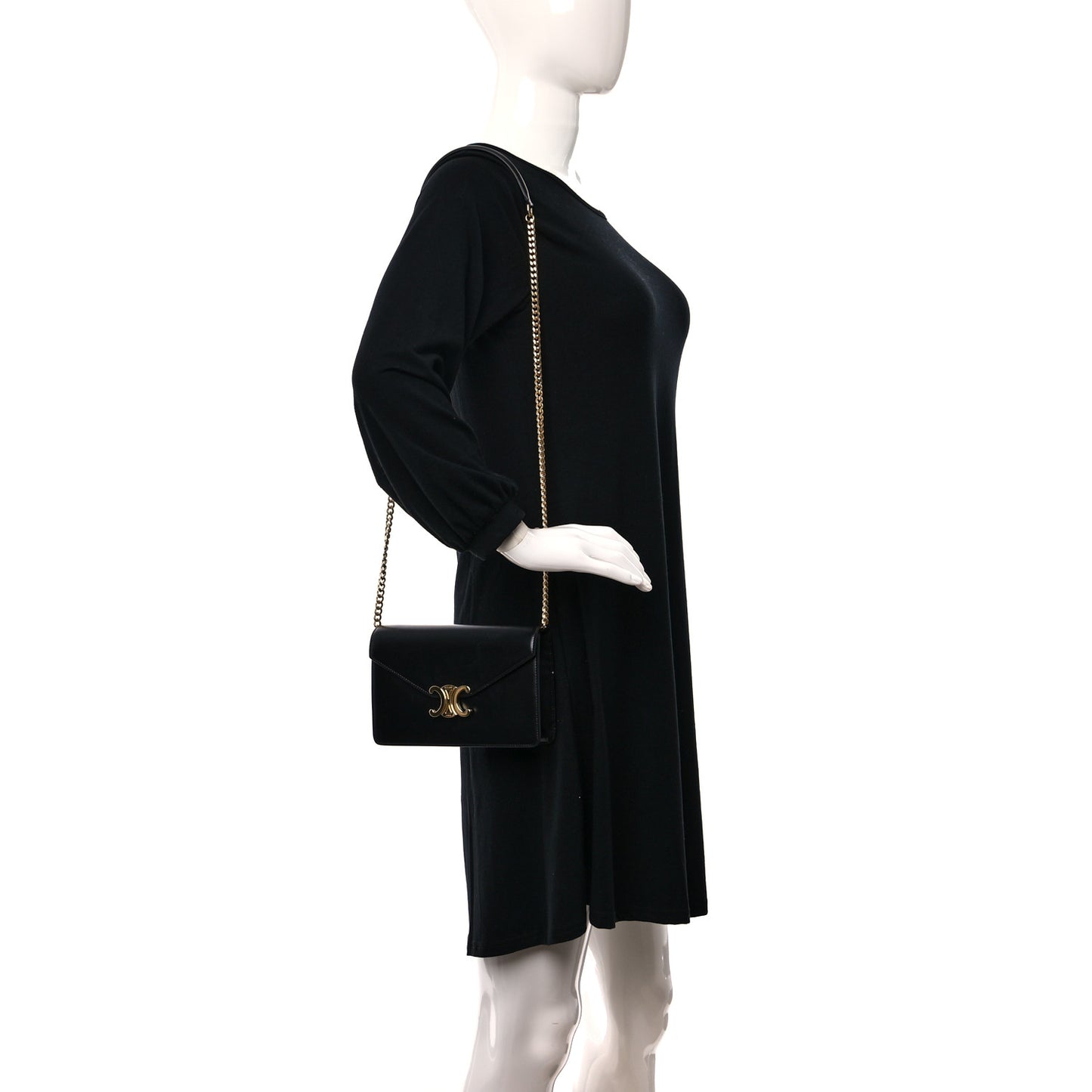 Shiny Calfskin Triomphe Margo Wallet on Chain Black