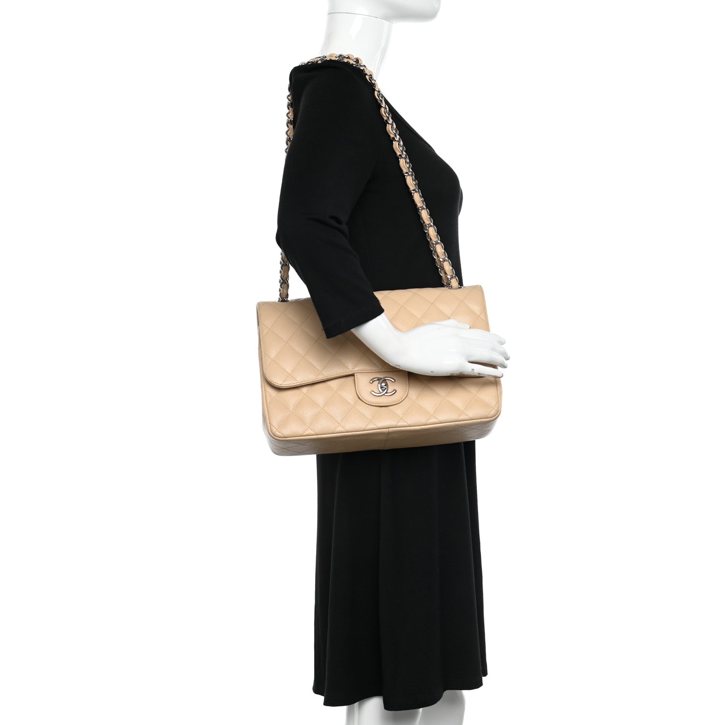 Caviar Quilted Jumbo Double Flap Beige