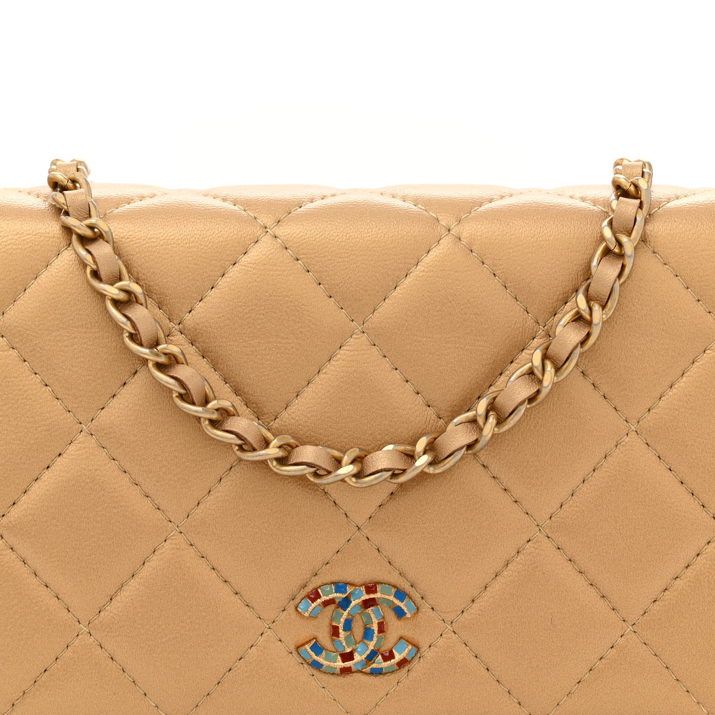 Metallic Lambskin Quilted Enamel Wallet On Chain WOC Gold