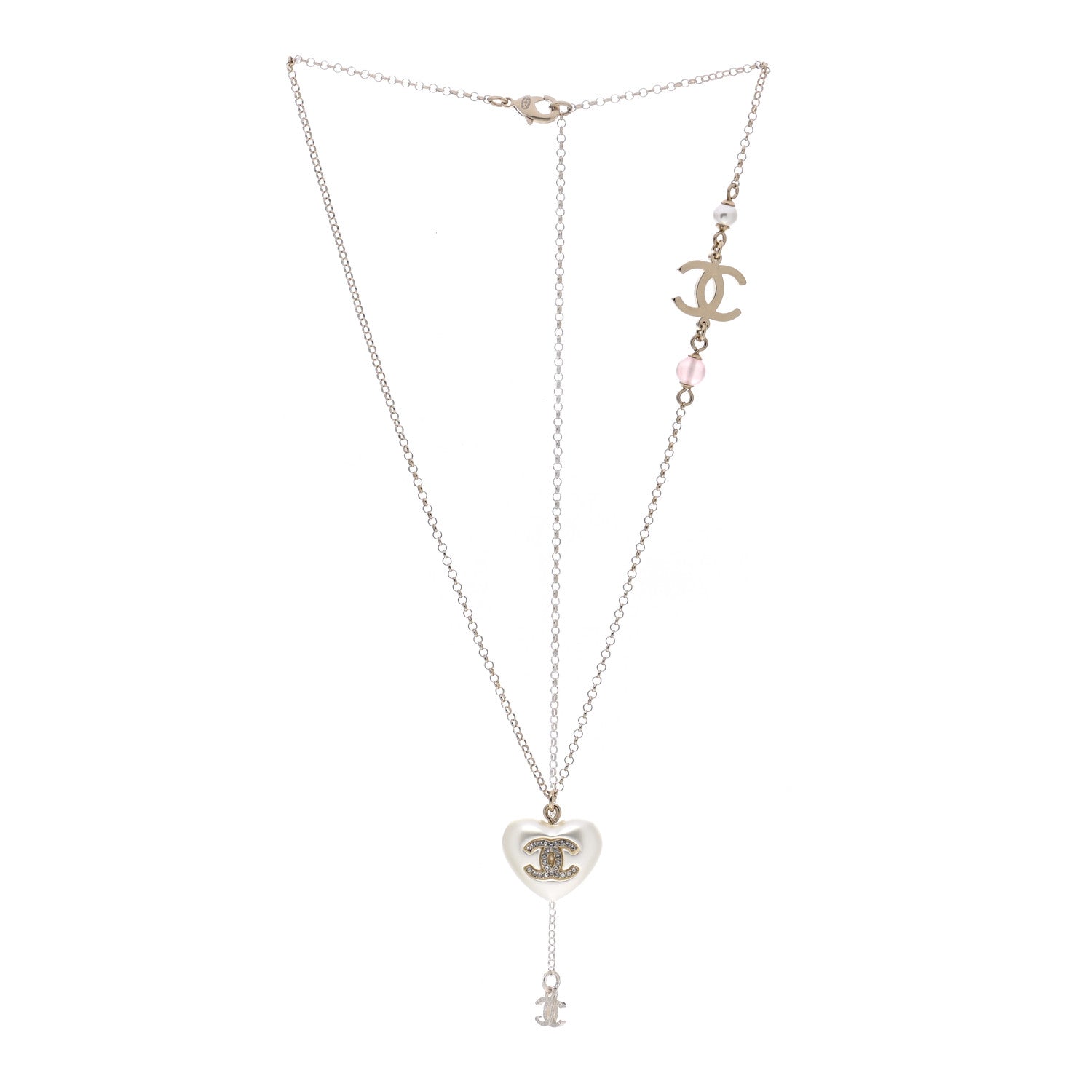 Chanel Resin Crystal CC Heart Necklace Pearly White Gold 3 of 5