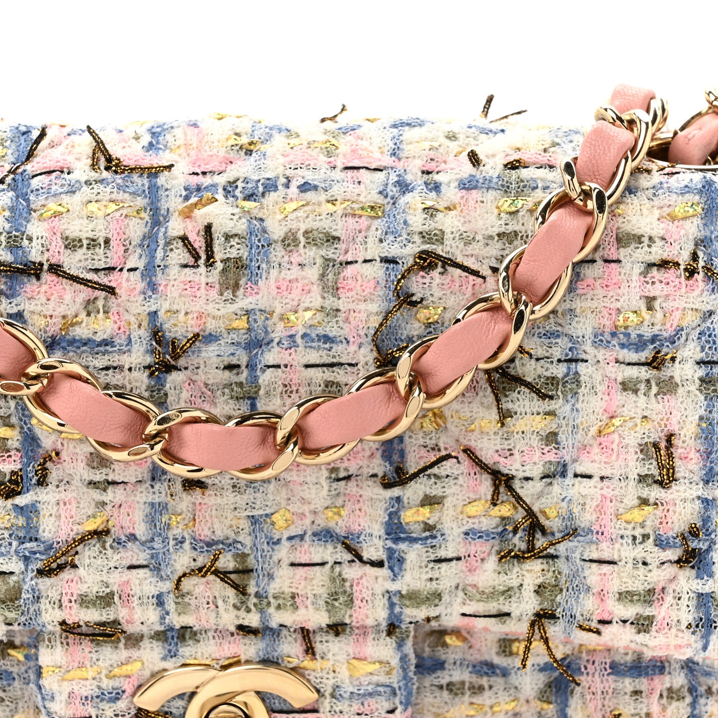 Tweed Quilted Mini Rectangular Flap Light Blue Pink Gold White