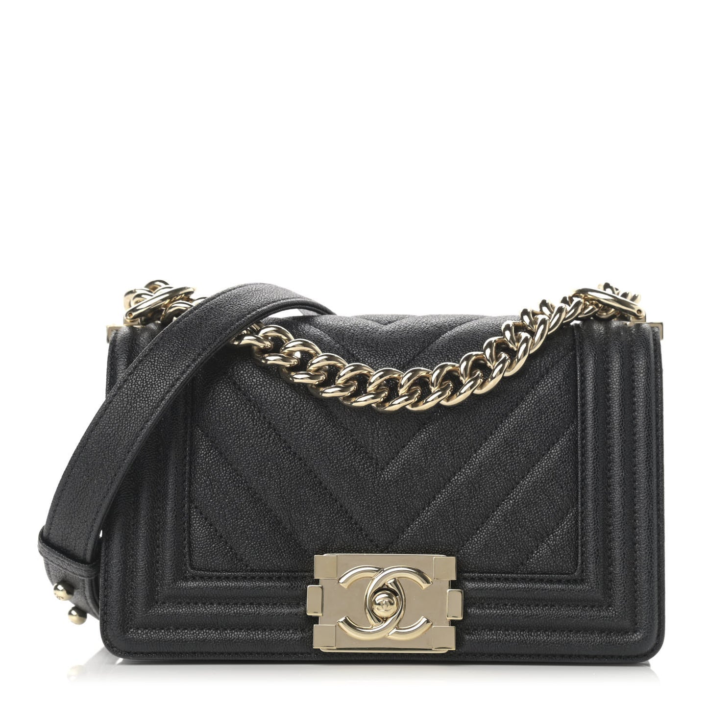 Iridescent Caviar Chevron Quilted Small Boy Flap Black