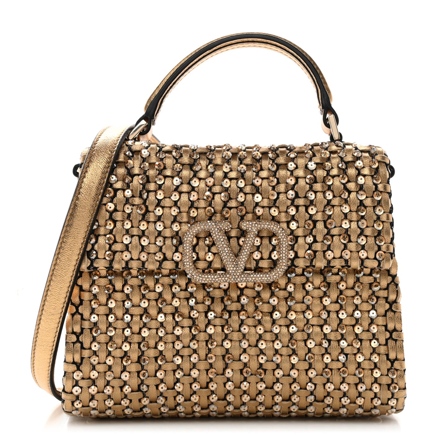 Metallic Calfskin Sequin Crystal Embroidered Mini Vsling Top Handle Bag Gold Multicolor