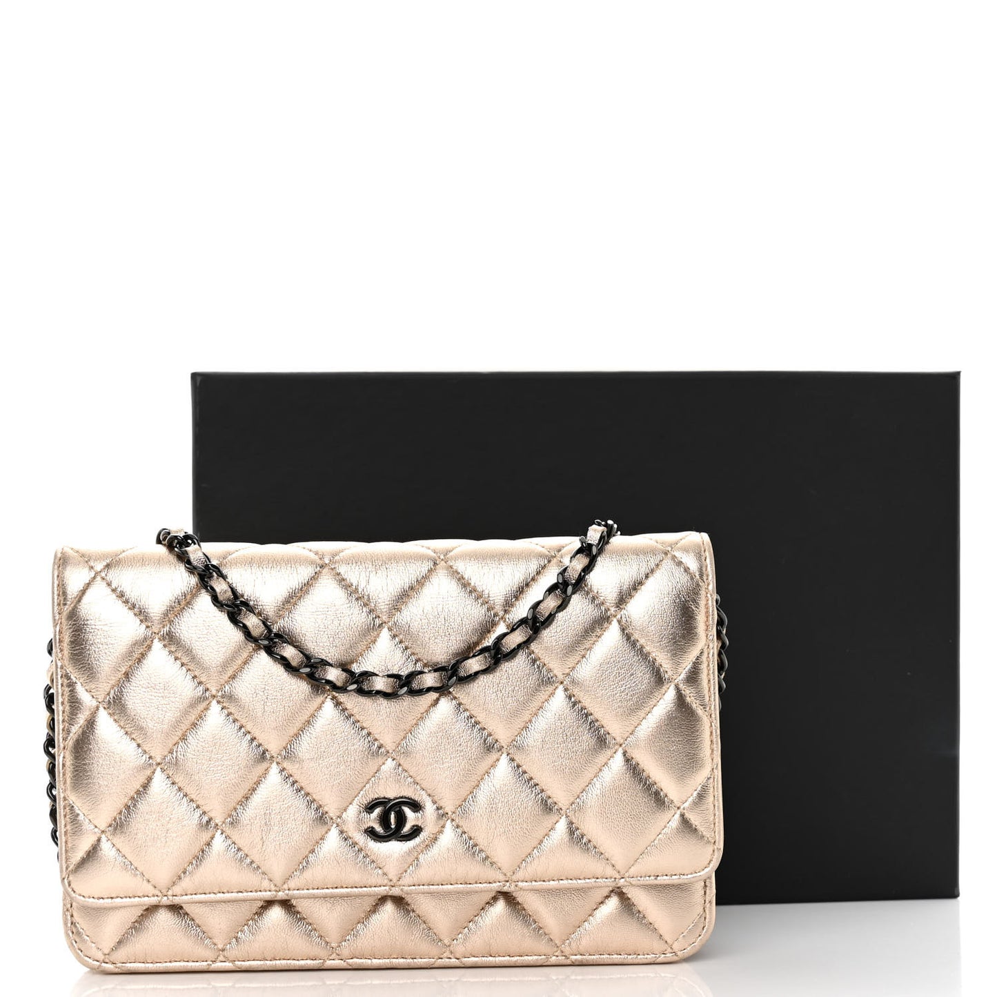Metallic Lambskin Quilted Wallet On Chain WOC Gold Black