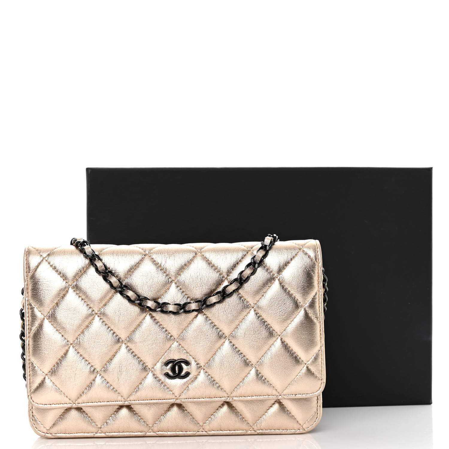 Chanel Metallic Lambskin Quilted Wallet On Chain WOC Gold Black 12 of 12