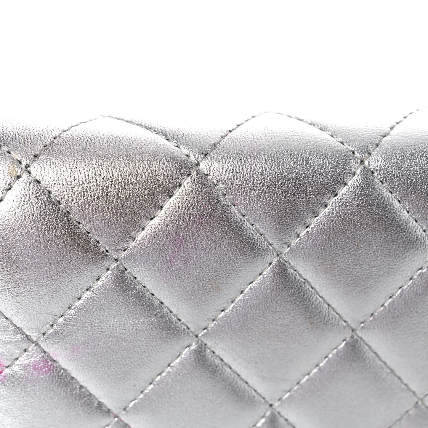 Metallic Lambskin Quilted Wallet On Chain WOC Silver
