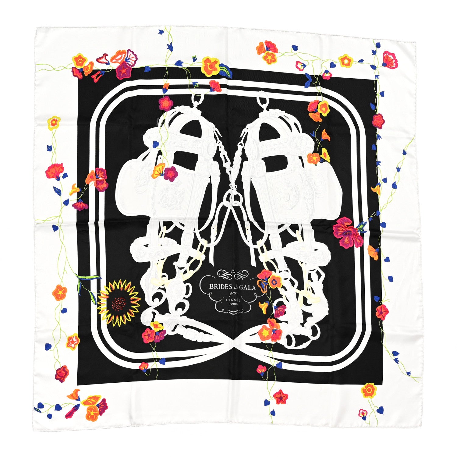 Hermes Silk Brides Fleuries Scarf 90 Black White Multicolor 1 of 7