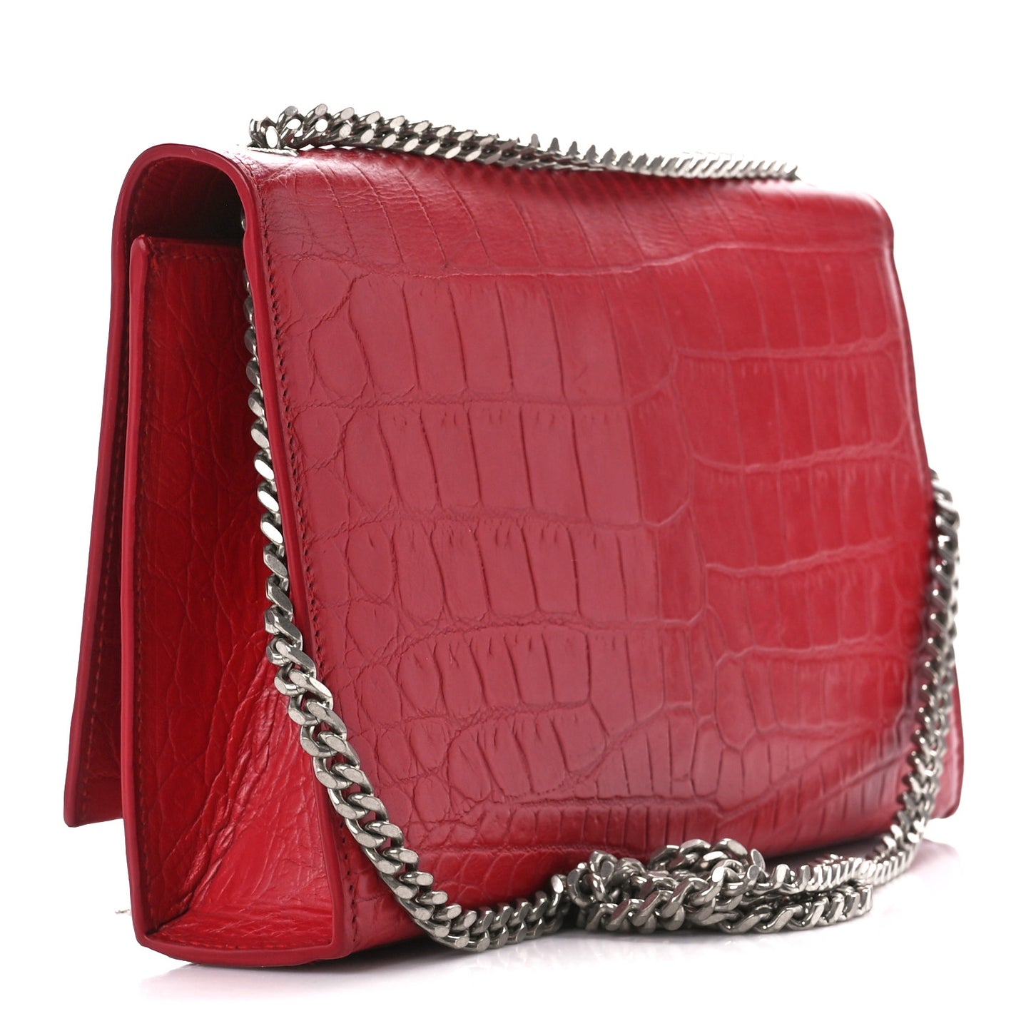 Calfskin Crocodile Embossed Medium Classic Monogram Kate Tassel Satchel New Red