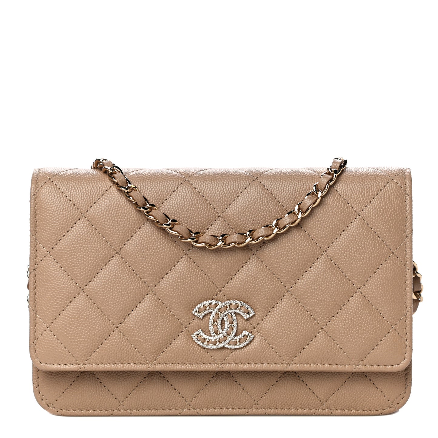 Caviar Quilted Crystal CC Wallet On Chain WOC Beige