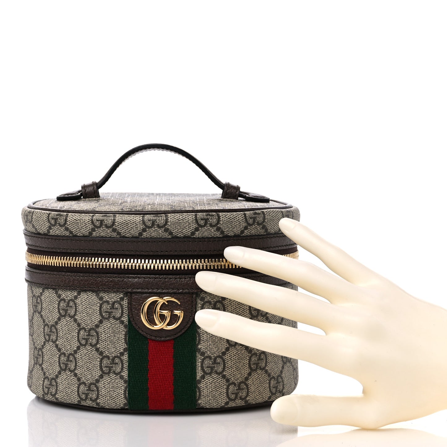 GG Supreme Monogram Textured Calfskin Web Ophidia Vanity Cosmetic Case Beige Ebony New Acero