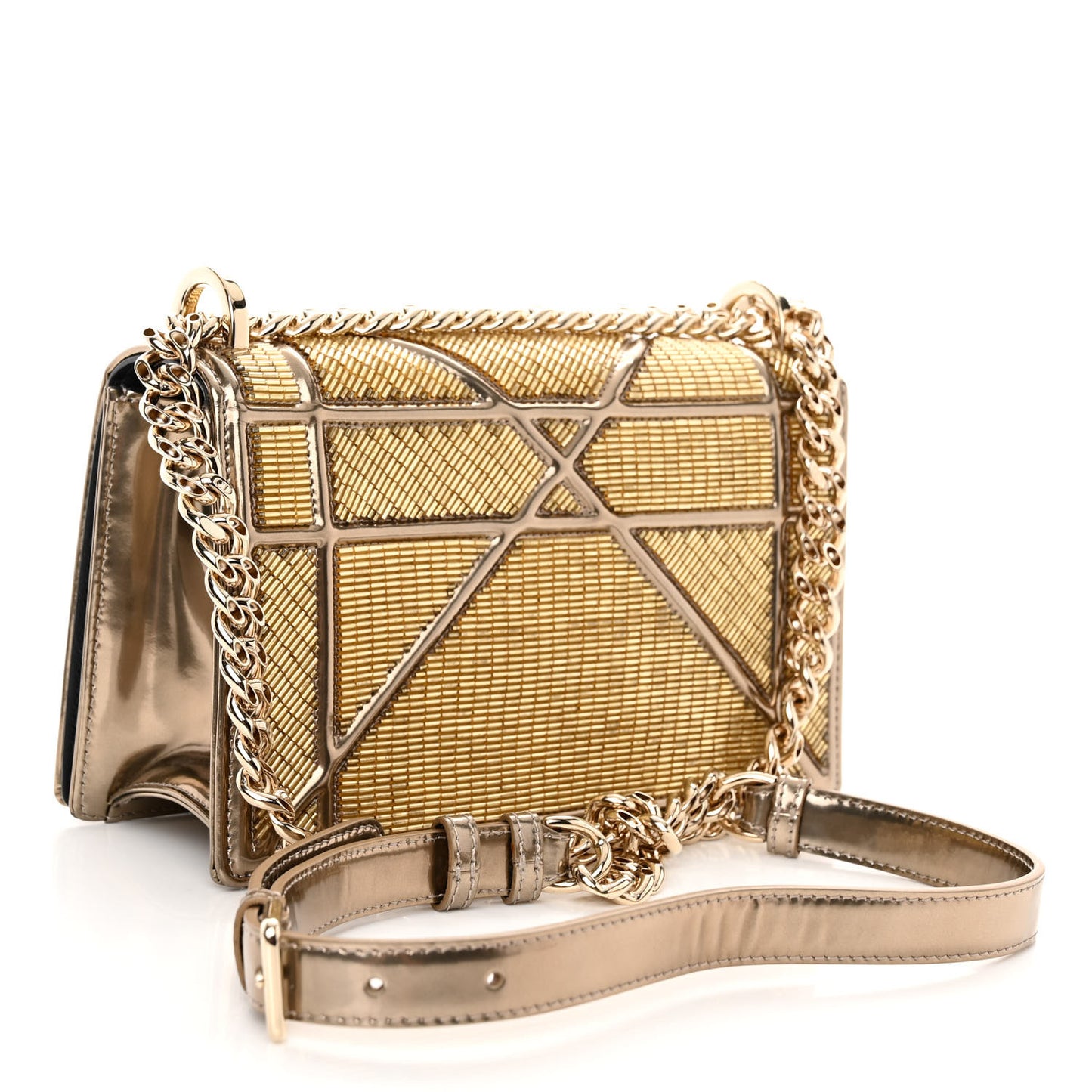 Metallic Calfskin Beaded Small Diorama Flap Bag Gold