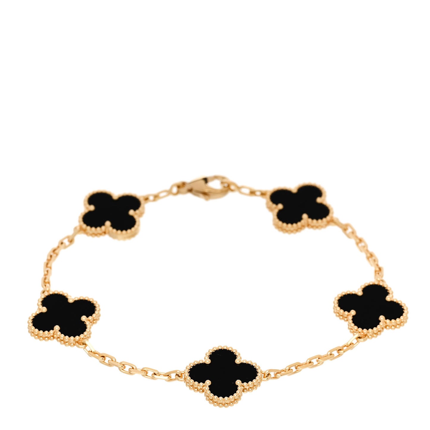18K Yellow Gold Black Onyx 5 Motifs Vintage Alhambra Bracelet