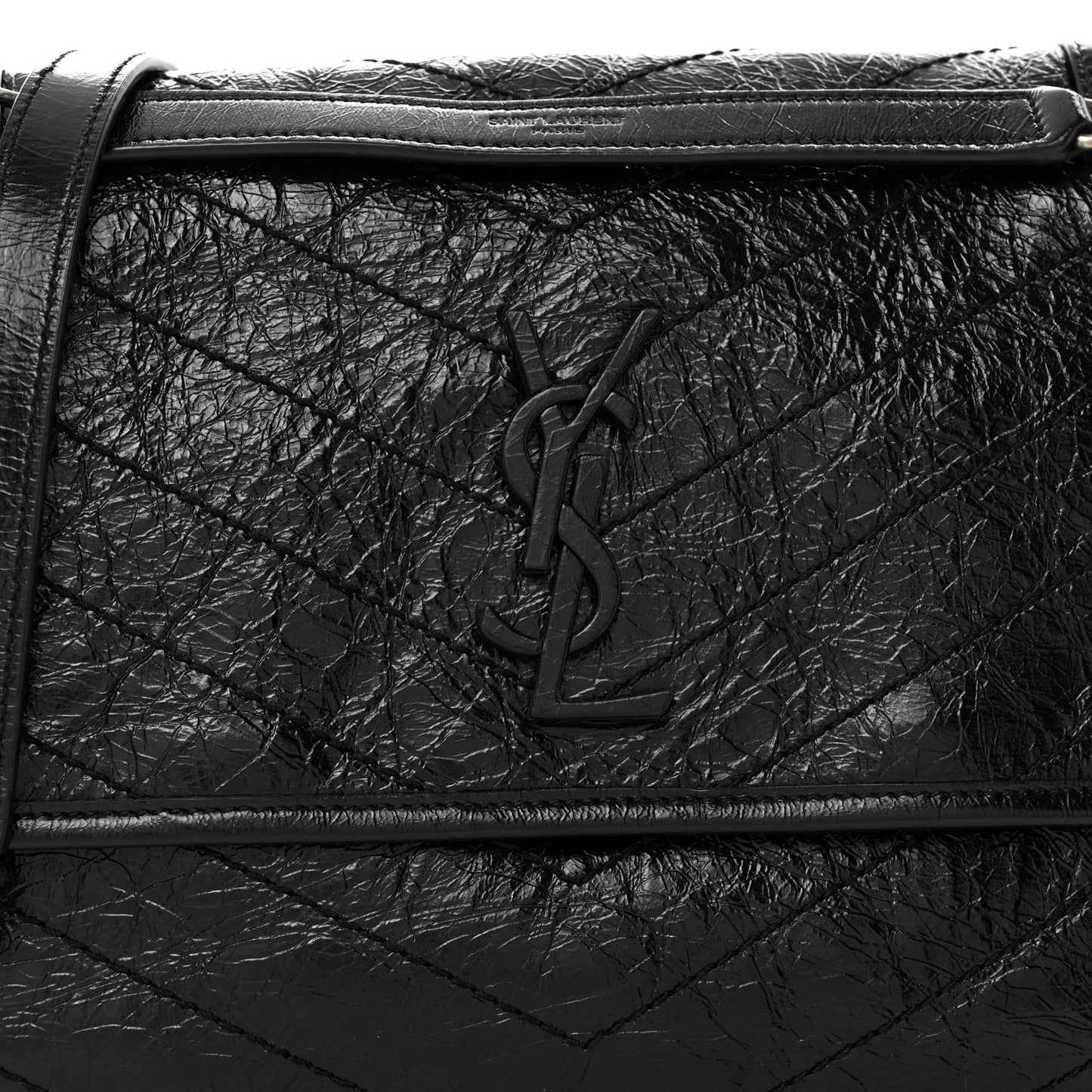 Crinkled Calfskin Matelasse Monogram Medium Niki Chain Satchel Black