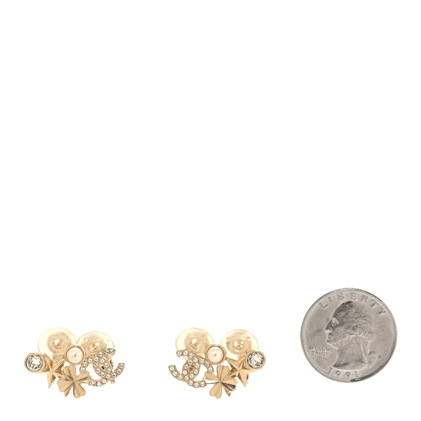 Crystal Pearl CC Star Clover Clip On Earrings Gold Pearly White