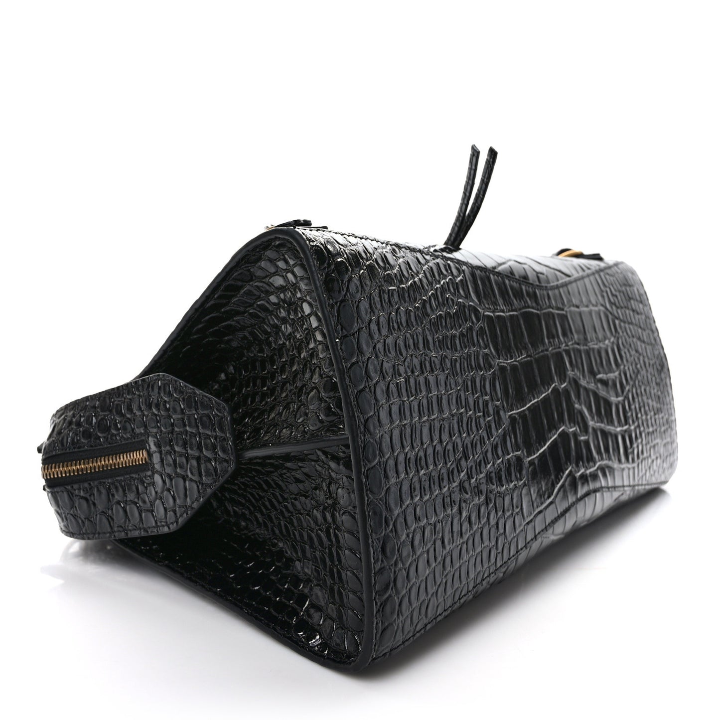 Shiny Supple Calfskin Crocodile Embossed Brass Hardware Neo Classic City Black