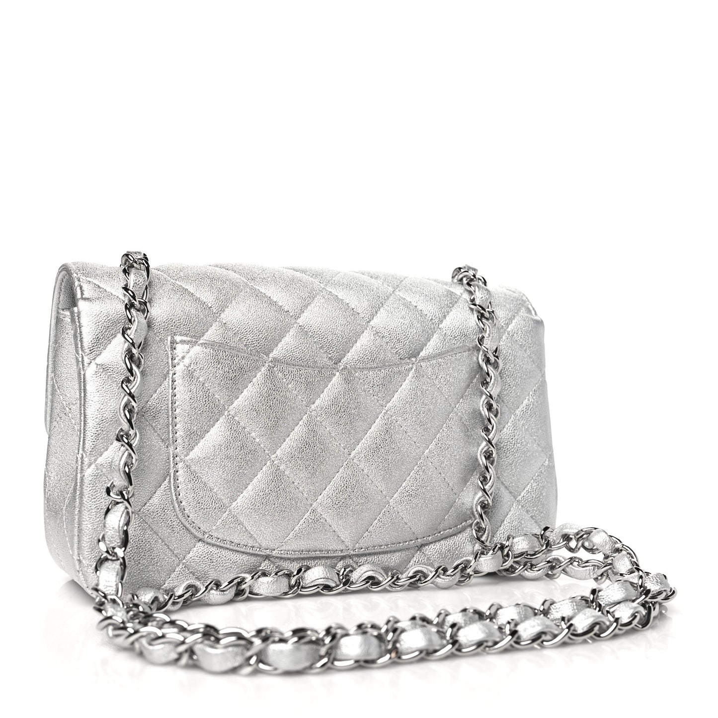 Metallic Lambskin Quilted Mini Rectangular Flap Silver