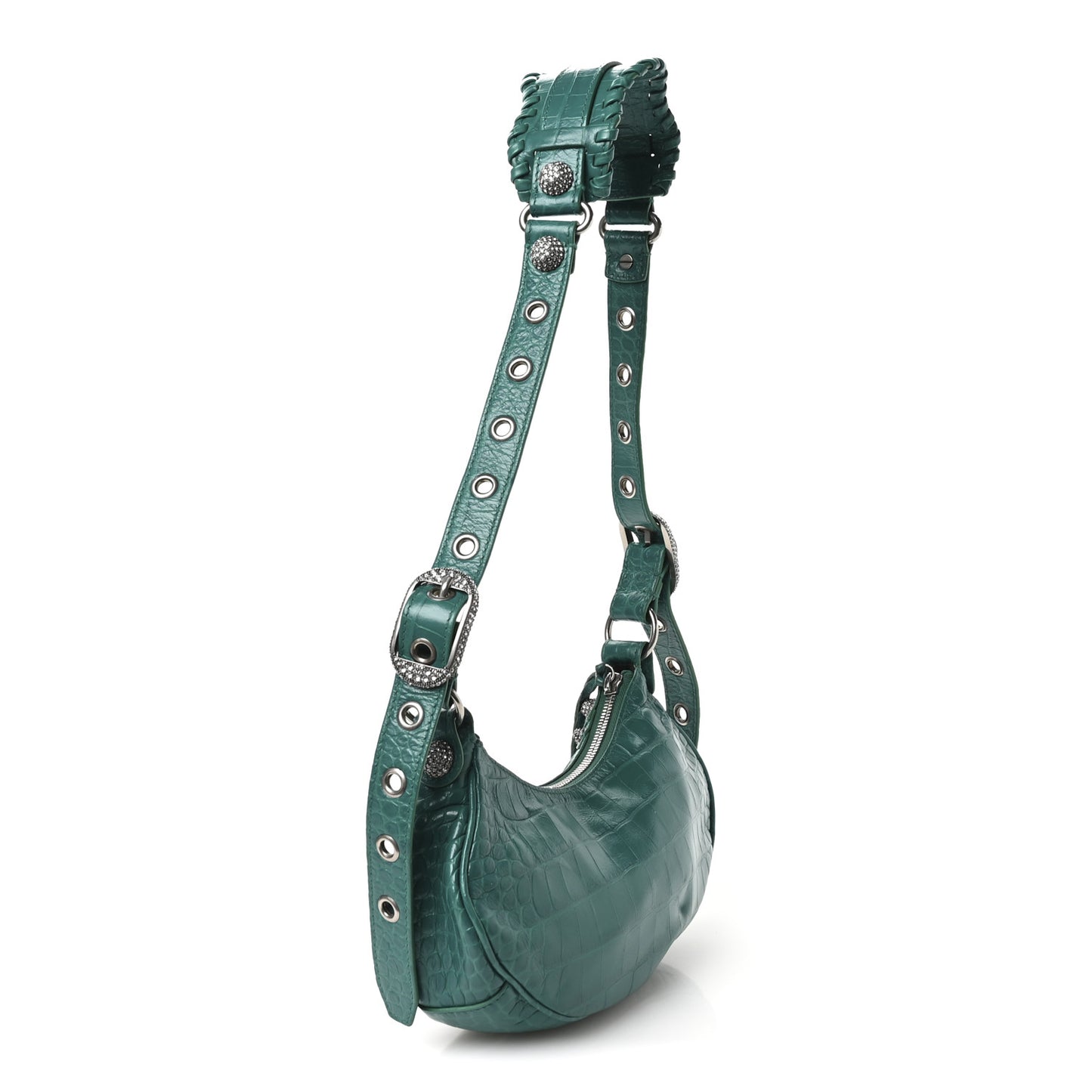 Extra Supple Calfskin Crystal Crocodile Embossed Le Cagole Shoulder Bag XS Jade
