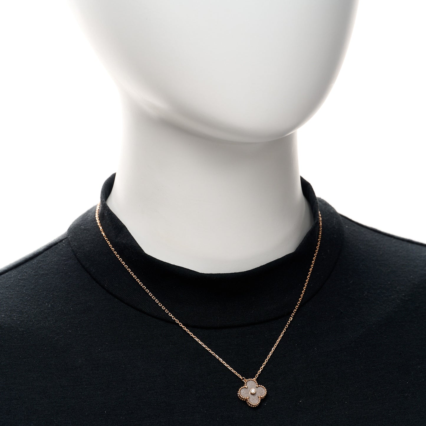 18K Rose Gold Diamond Silver Obsidian Vintage Alhambra Pendant Necklace