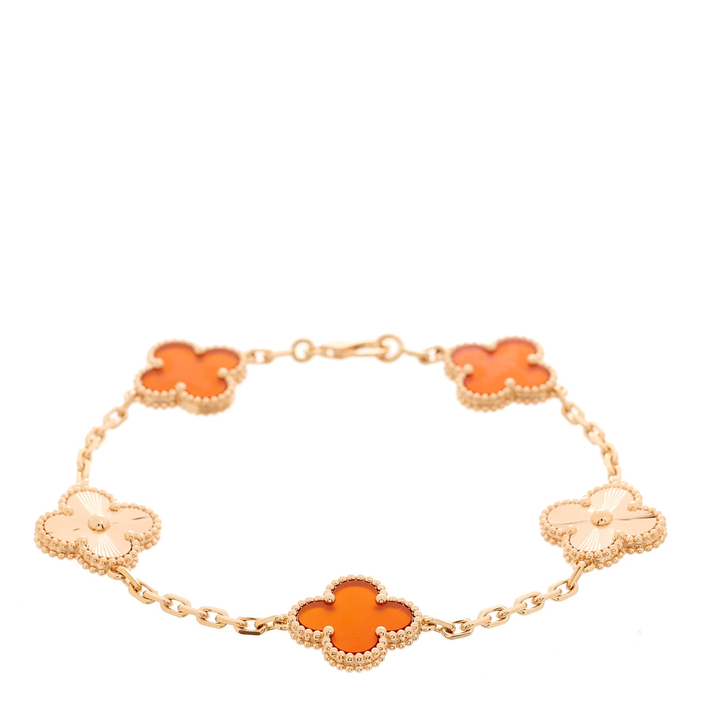 18K Rose Gold Carnelian 5 Motifs Guilloche Vintage Alhambra Bracelet
