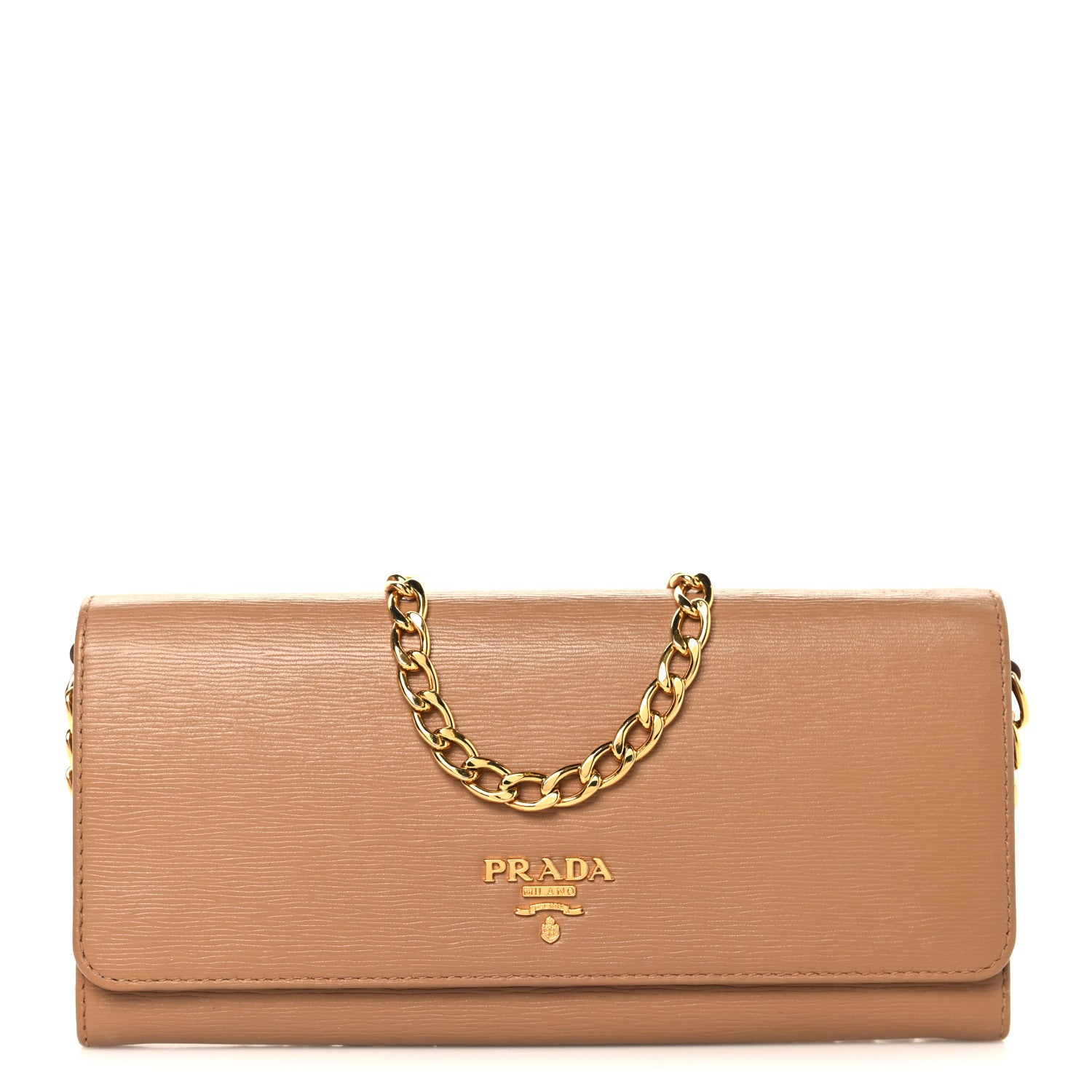 Prada Vitello Move Metal Oro Chain Wallet Caramel 1857026