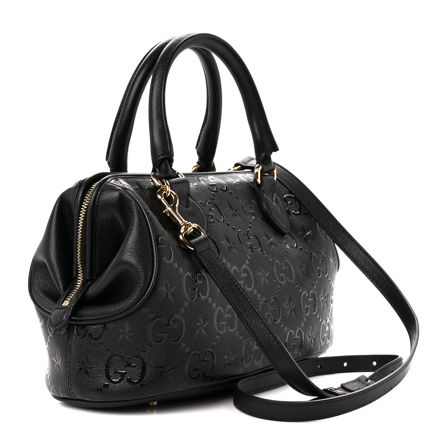 Wonka Grain Calfskin GG Monogram Star Embossed GG Top Handle Bag Black