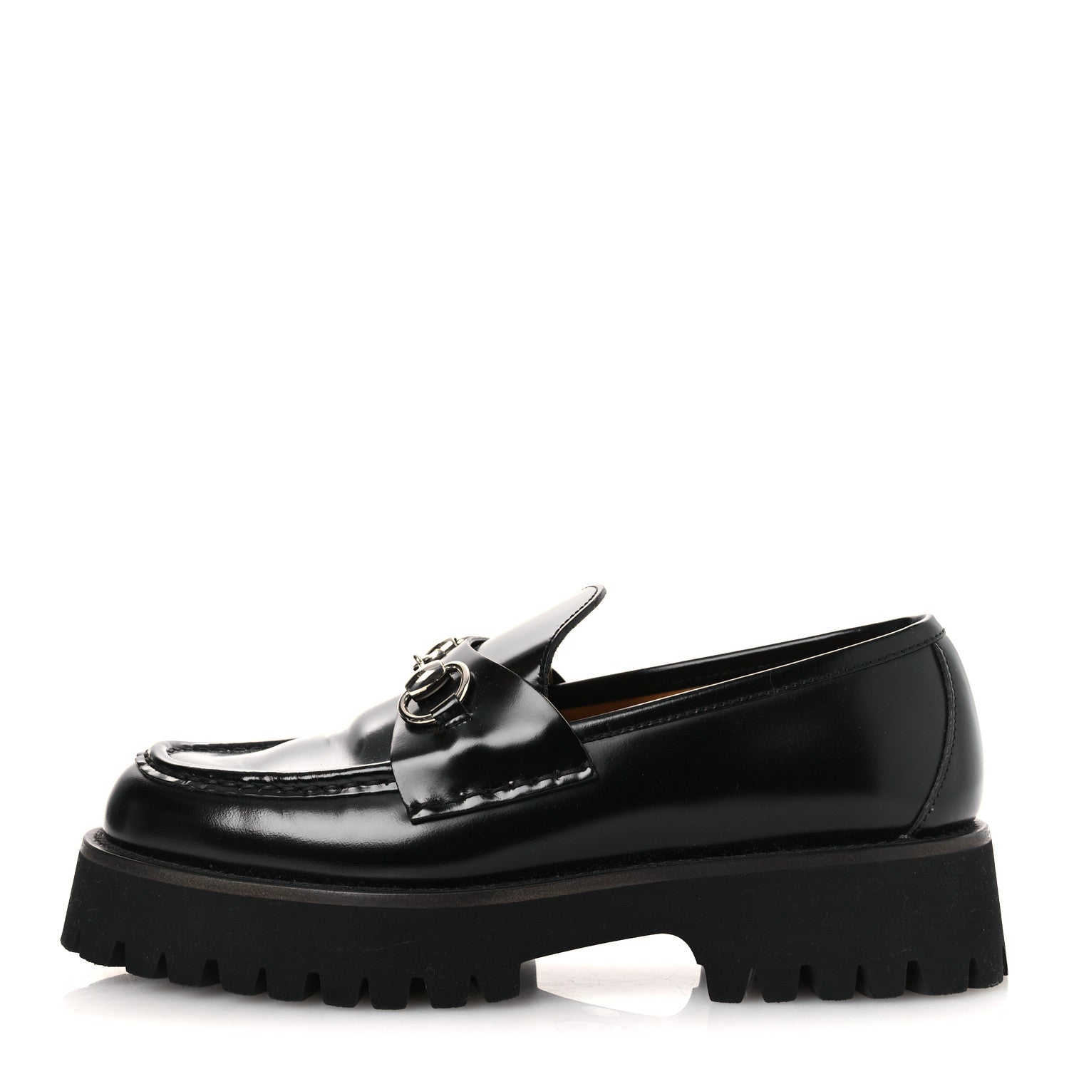 Gucci Calfskin Crystal Womens Horsebit Platform Lug Sole Loafers
