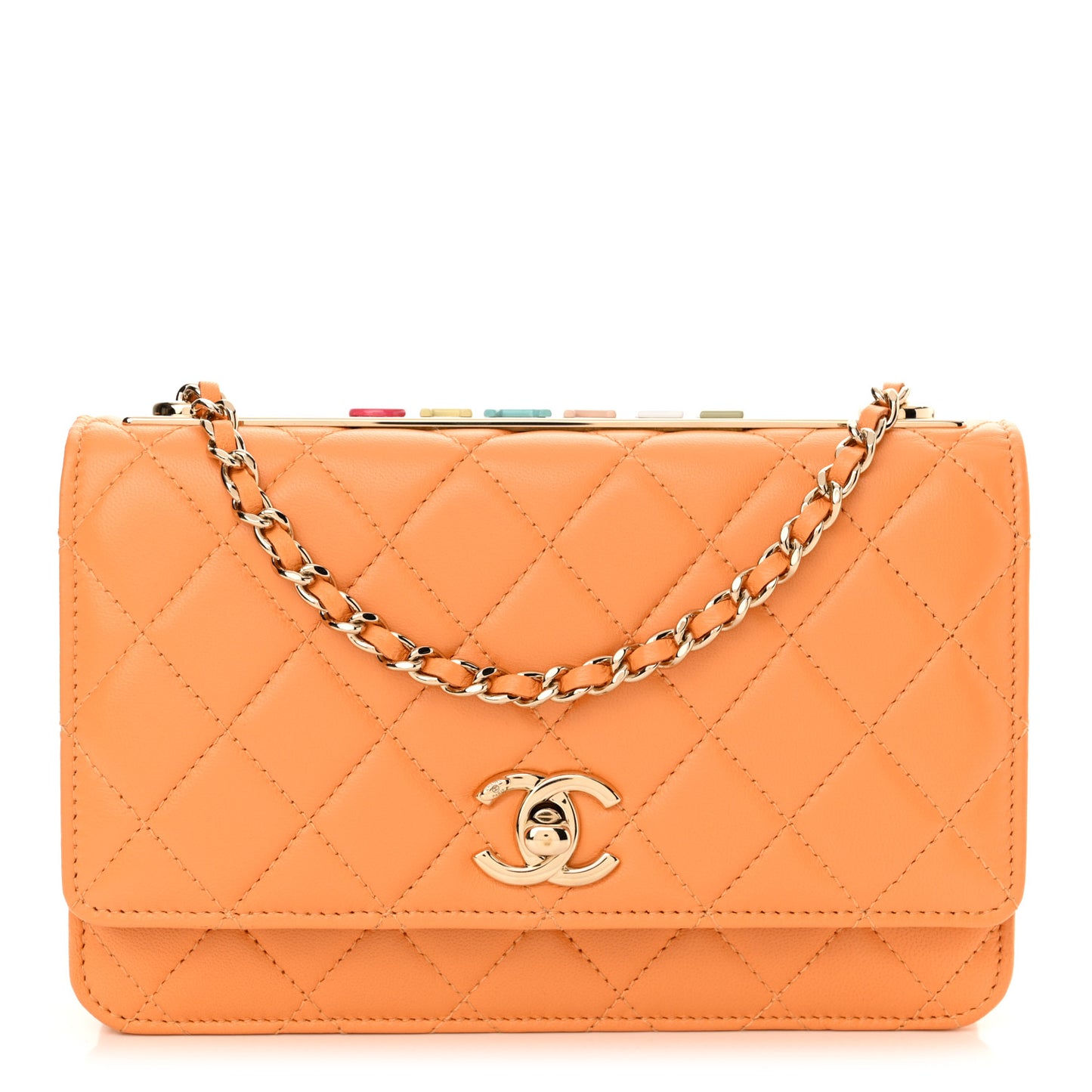 Lambskin Lacquered Quilted Trendy CC Wallet On Chain WOC Orange