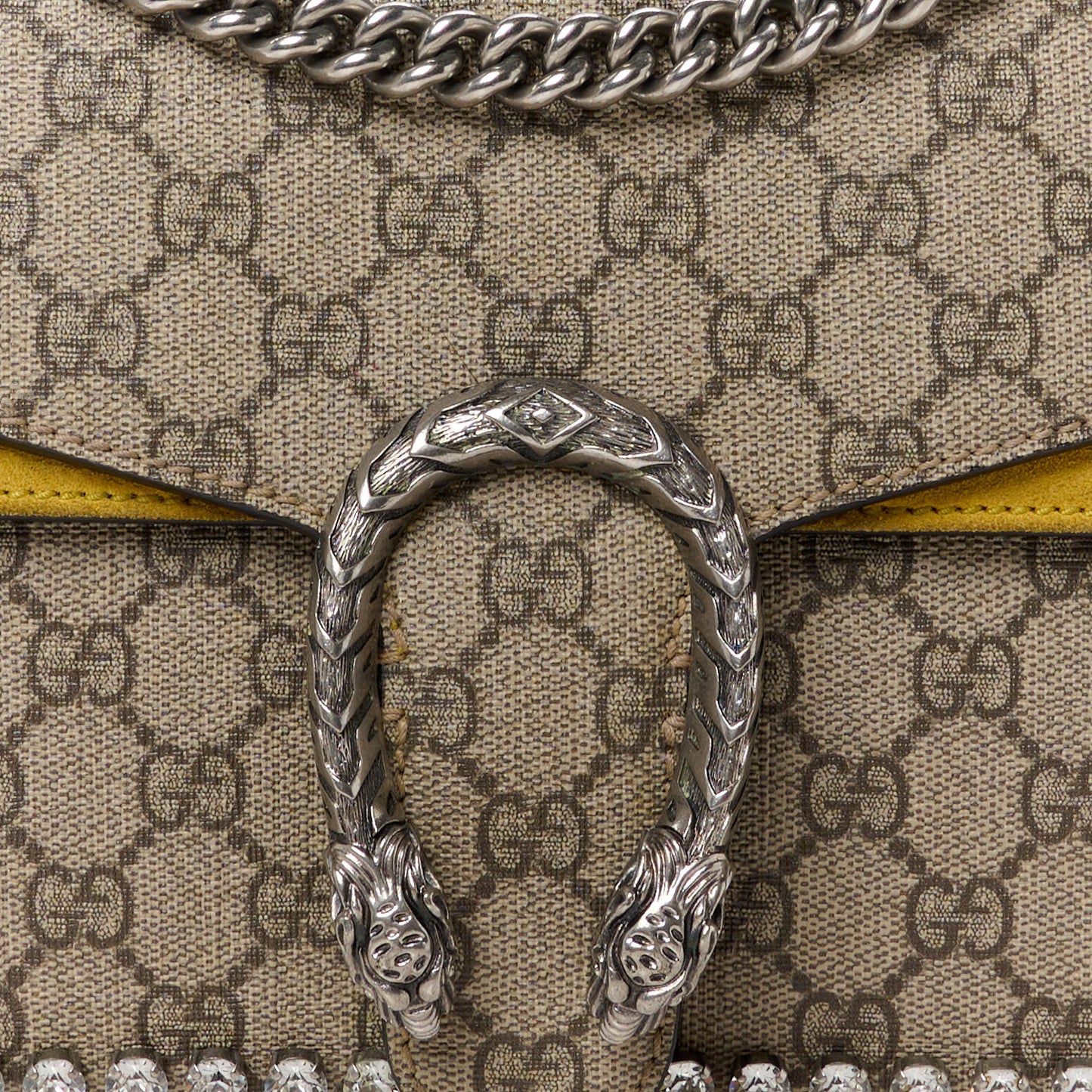 GG Supreme Monogram Suede Crystal Small Dionysus Shoulder Bag Beige Ebony Yellow