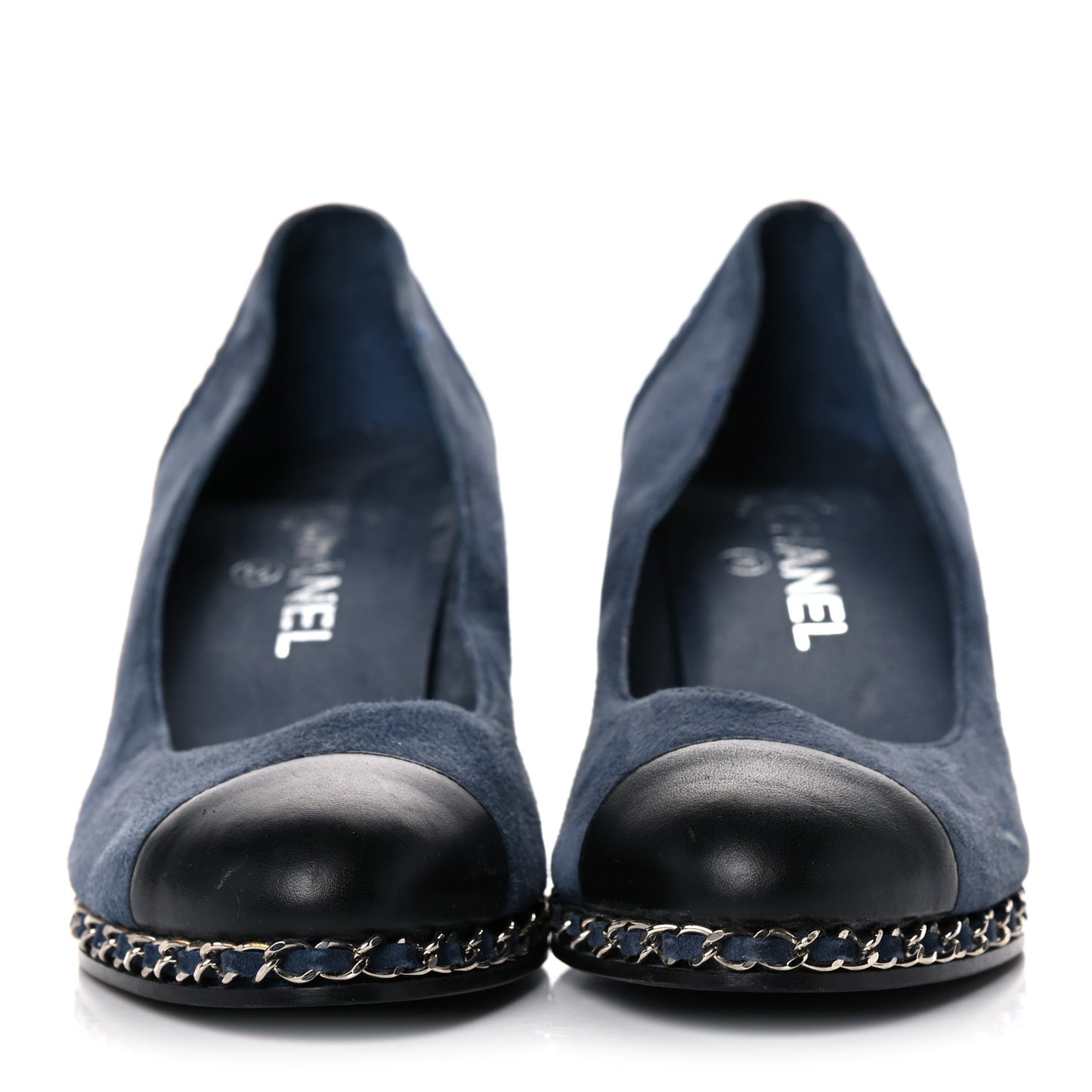 Suede Lambskin Cap Toe Chain Wedge Pumps 39 Blue