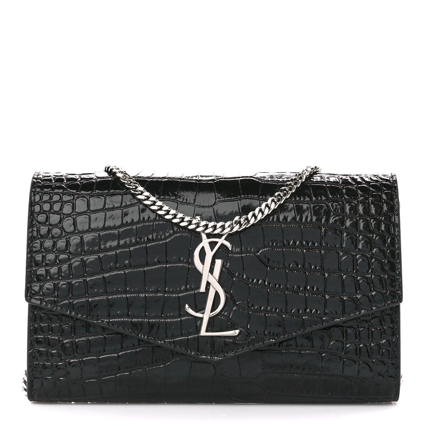 Calfskin Crocodile Embossed Monogram Uptown Chain Wallet Black