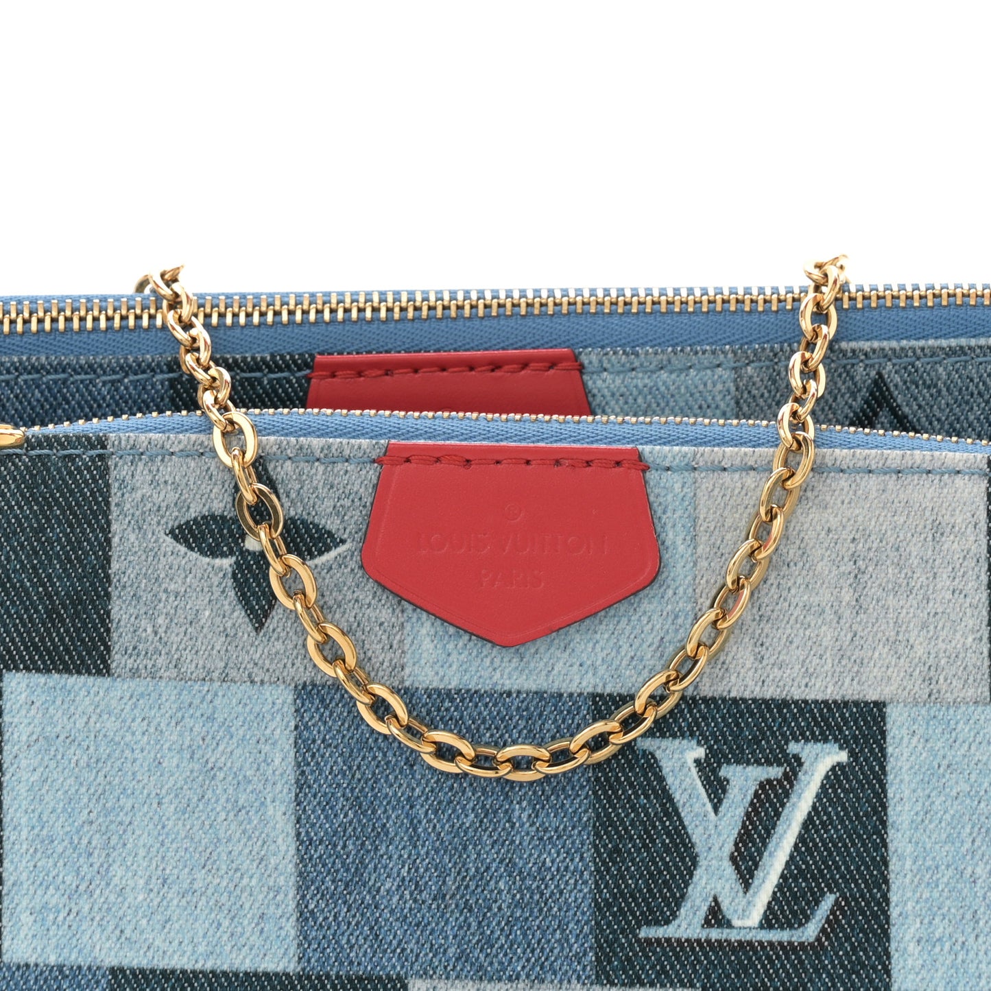 Denim Damier Monogram Patchwork Multi Pochette Accessories Blue Rouge